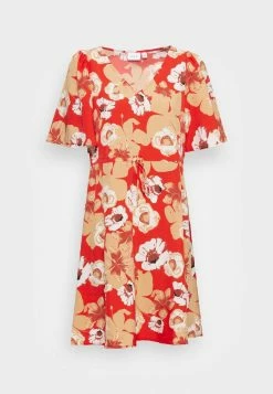 Vila VISILLE V NECK BELT DRESS - Day Dress - Fiery Red/beige -Vila shop 832e04ec6516447f81d65b393035eabb