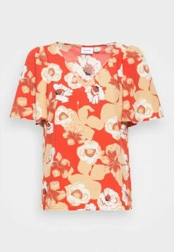 Vila VISILLE V NECK - Print T-shirt - Fiery Red/beige -Vila shop 9e9835b0efef403fa015a4a139b82b81