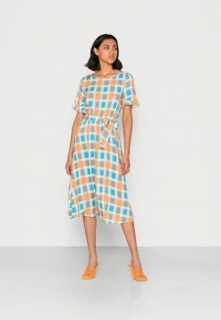 Vila VIEVA AYA O NECK MIDI DRESS - Day Dress - Kentucky Blue Check Cement/white